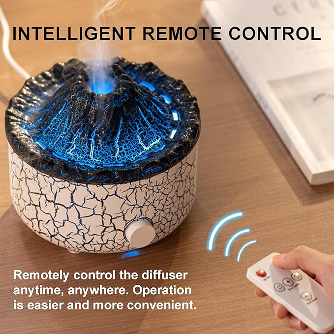 Aromatherapy Essential Oil Diffuser, 560ml Ultrasonic Cool Mist Diffuser/Humidifier with Flame & Volcano 2 Mist Mode, for Bedroom,Office,Home, Auto Shut-Off, Remote Control, Gift (White)