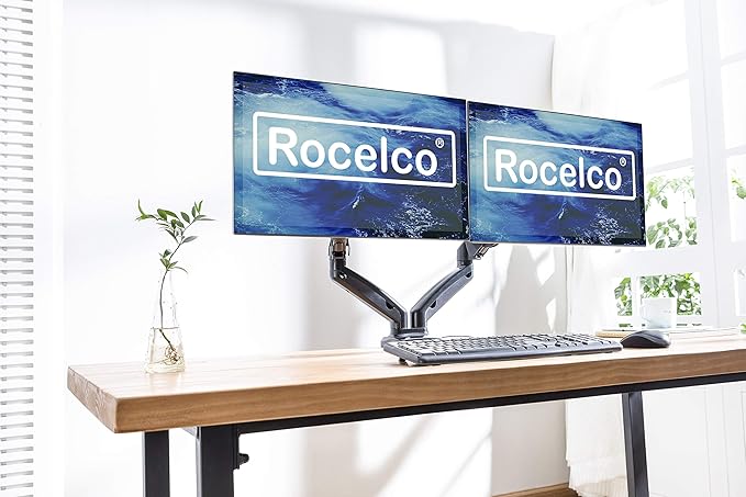 Rocelco 46" Large Height Adjustable Standing Desk Converter with Dual Monitor Mount Arm BUNDLE - Quick Sit Stand Up Computer Workstation Riser - Retractable Keyboard Tray - Black (R DADRB-46-MA2)