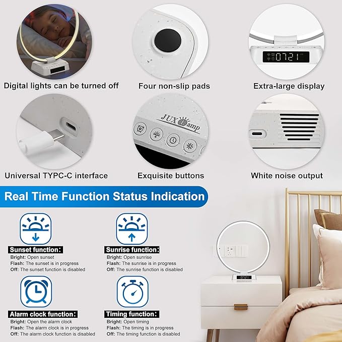 Sunrise Alarm Clock lamp Aureole Table Lamp Wake up Nightstand lamp Bioclock Adjustment Mood Desk lamp with Timer and Natural Ambient White Noise for Bedroom Livingroom Office Reading Working