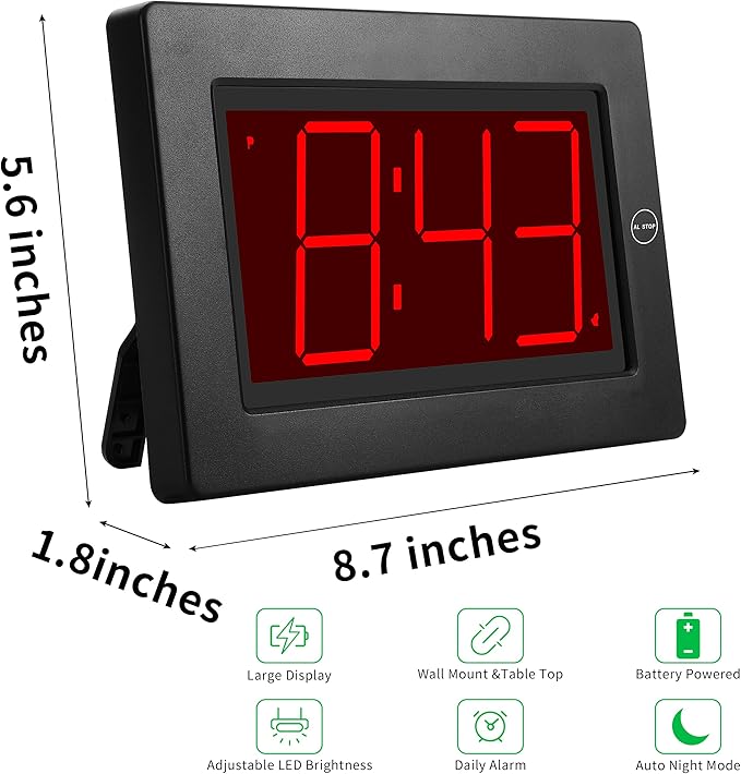 KWANWA Alarm Clock, 8" Large Screen Display, Digital Clock, Battery Operated, Auto Dimmer Mode,Wall Clock&Desk Clock for Bedroom, Office, Living Room, Elderly