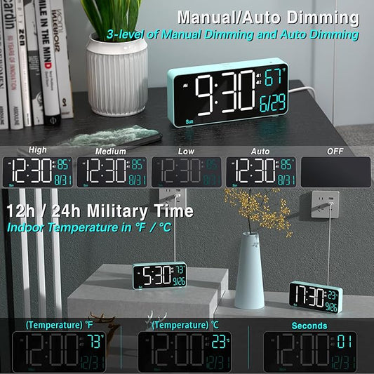 KOSUMOSU Digital Alarm Clock for Bedroom, 6.7in Desk Clock LED, Auto Dimming, Room Temperature, Day of The Week, Date, Seconds, Clocks for Living Room, Alarm Clocks for Bedrooms