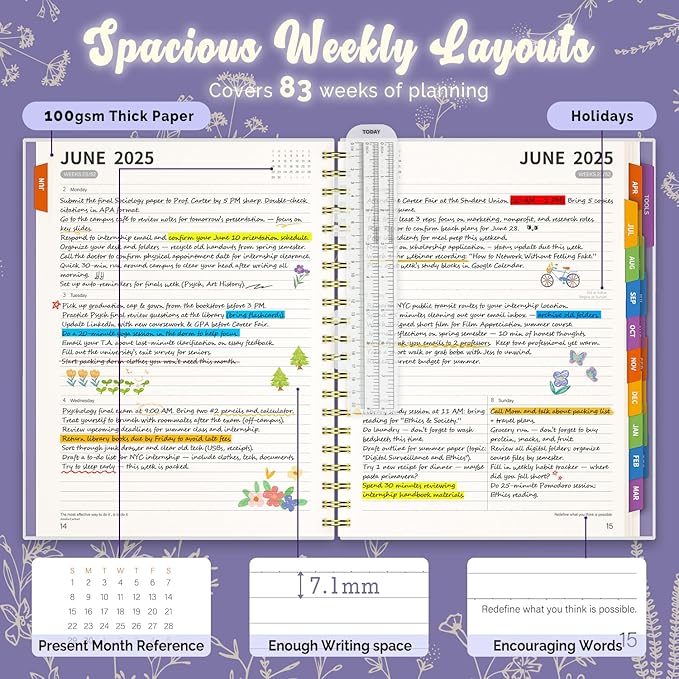 Jun 2025-Dec 2026 Academic Monthly Weekly Daily Planner for School, 19 Months Calendar 25-26 Planning Book with Colorful Tabs, 8.5" x 11" Mid Year College Organizer for Student Teacher (Lavender Purple)