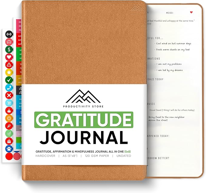 PRODUCTIVITY STORE Gratitude & Self-Care Journal - Guided Mindfulness & Mental Health Journal All-in-One with Prompts for Self Discovery - Daily Journal for Men & Women (A5, Brown)