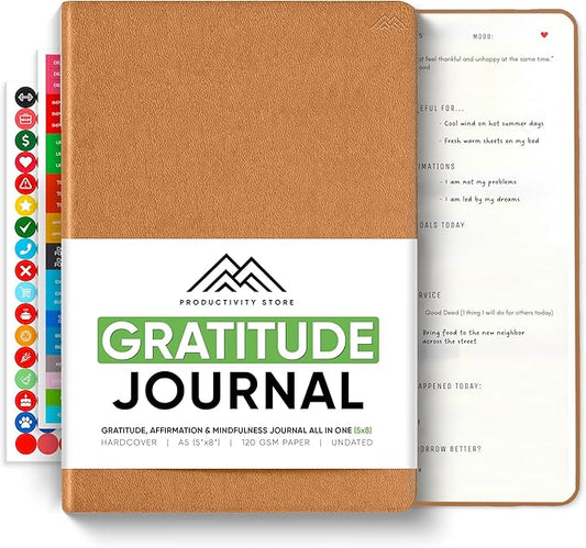 PRODUCTIVITY STORE Gratitude & Self-Care Journal - Guided Mindfulness & Mental Health Journal All-in-One with Prompts for Self Discovery - Daily Journal for Men & Women (A5, Brown)