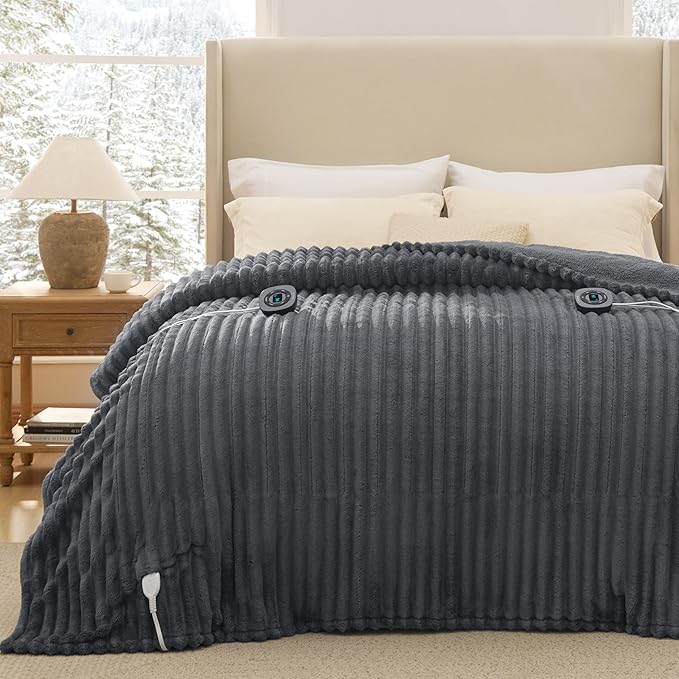 Bedsure Electric Blanket King Size - Thick Striped Flannel Electric Blanket with Dual Control, Heating with 10 Heat Settings & 10 Time Settings, 8 hrs Timer Auto Shut Off (90x100 inches, Grey)