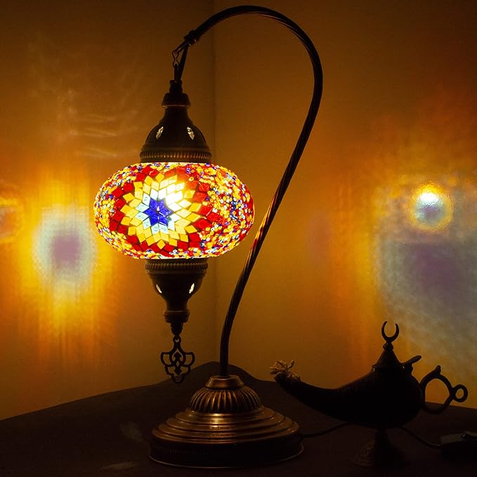 mozaist Mosaic Tiffany Style Swan Neck Table Lamp, Turkish Colorful Handmade Vintage Bedside Corner Decorative Lighting, Gooseneck Farmhouse Nightstand with E12 Socket & US Plug (Fire Ball)