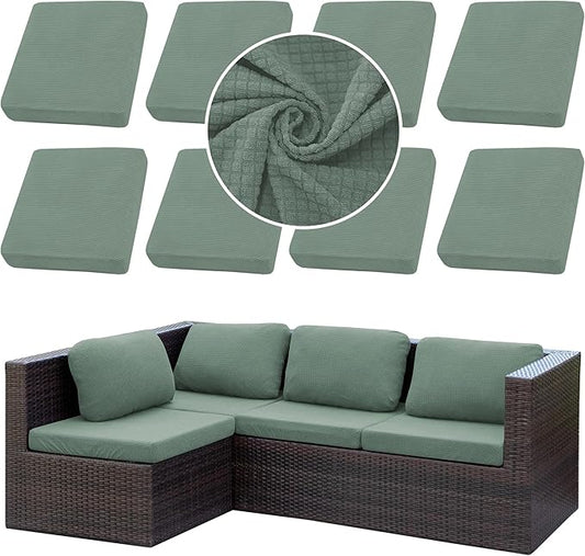 8Pcs Stretch Patio Cushion Cover Outdoor Cushion Cover Slipcovers Couch Cover Waterproof Replacement Sofa Cushion Covers Thick Jacquard Textured Twill Fabric Porch Patio Furniture Protector（Cyan）