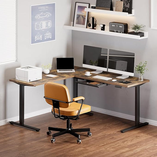 SANODESK L Shaped Electric Standing Desk with Drawer, 71 Inch Ergonomic Adjustable Height Desk with Storage, Corner Desk Sit Stand up Computer Table for Work Office Home, Rustic Brown