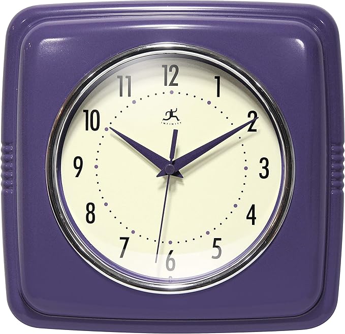 Infinity Instruments Retro Wall Clock - 9 Inch Square Clock - Silent Non-Ticking Mid Century Modern - Kitchen Clock Office Clock Diner Wall Clock - Vintage Wall Clock Decorative - Purple
