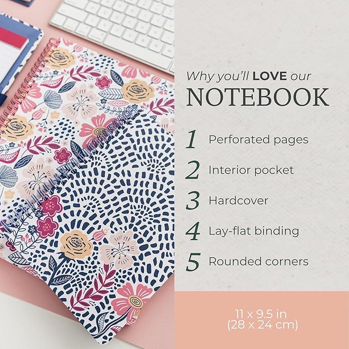 Steel Mill & Co Cute Large Spiral Notebook College Ruled, 11" x 9.5" with Durable Hardcover and 160 Lined Pages, Mosaic Floral