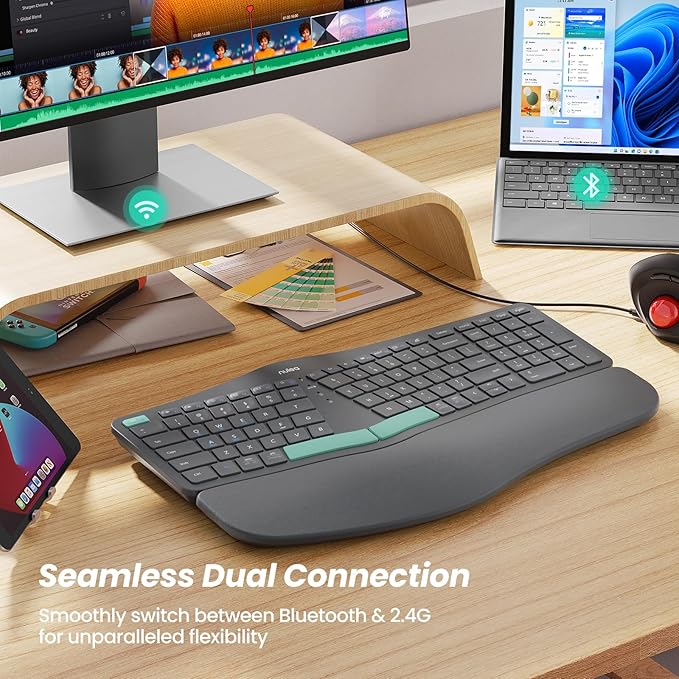 Nulea Wireless Ergonomic Keyboard, Split Keyboard with Cushioned Wrist Rest, Bluetooth and USB Connectivity, USB-C Rechargeable, Compatible with Windows Mac