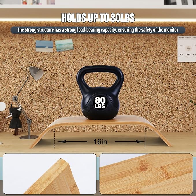 21in Large Single Monitor Stand，Desk Shelf Monitor Stand Ergonomic Height，Premium Natural Bamboo Wood Computer Stand Monitor Riser for Your Desktop，PC, Printer, Computer，Laptop，No Assembly Required