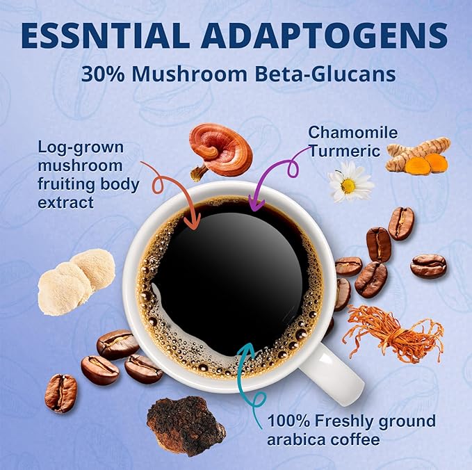 Relaxing Decaf Mushroom Coffee Blend with Reishi, Chamomile & Turmeric - 30% Beta-Glucans, MCT, Melatonin for Stress Relief & Focus - 6.35oz (180g) Afternoon Wellness Drink