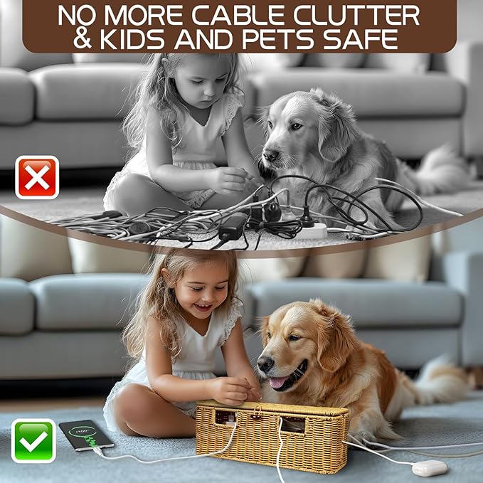 16 In Large Rattan Cable Management Box, Handwoven Cord Management Box with 5 Slots, Floor Cord Hider Boxes for Power Strip and Wire, Cable Organizer box with Lid for Desk, Floor, Office, Living Room