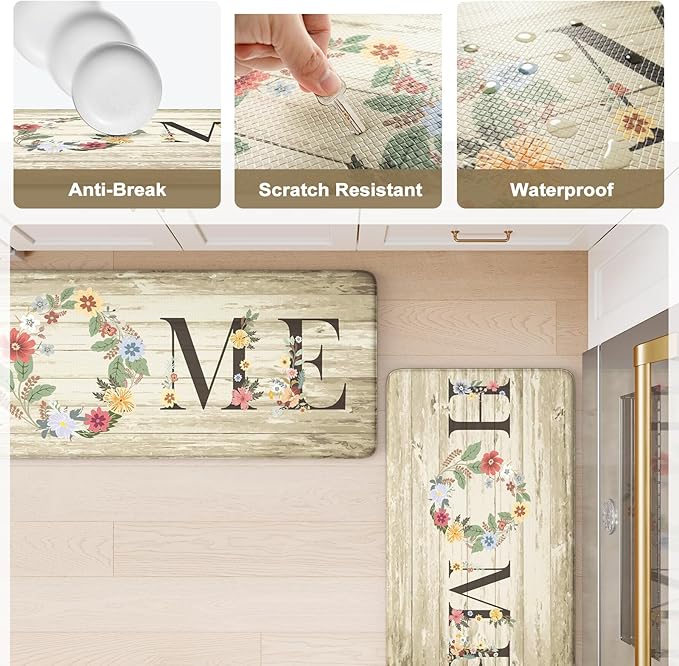 KIMODE Kitchen Floor Mats Cushioned Anti Fatigue,Farmhouse Floral Rugs Sets of 2,Memory Foam Carpet Non Slip,Long Sink Runner for Bathroom Laundry Office,Beige 17"x59"+17"x29"