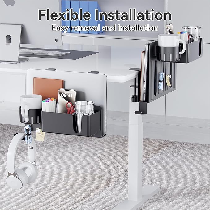 KDD 7 in 1 Desk Side Organizer Set, Under Desk Laptop Holder Storage, No Drill Laptop Stand Mount with 2 Cup Holder, Pen Holder, Headphone Hanger and 2 Pin Magnet, Detachable Hanging Stand