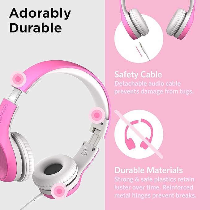 LilGadgets Connect+ Style On-Ear Kids Headphones with Microphone - SharePort Technology, SoftTouch Padding, Detachable Cable, Noise Reduction, Durable & Adjustable - Pink School Headphones for Kids