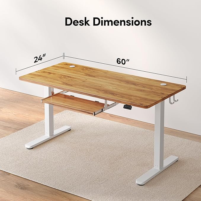 FEZIBO Standing Desk with Keyboard Tray, 60 x 24 Inch Adjustable Height Sit Stand Desk with Memory Presets for Home Office, Ergonomic Computer Workstation, Light Rustic