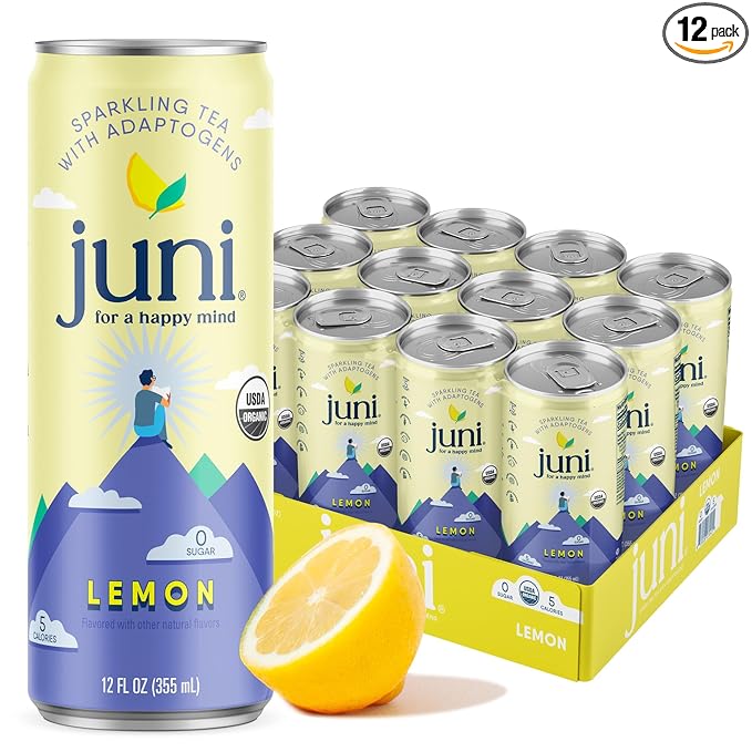 Juni Sparkling Adaptogen Drink with Ashwagandha, Lion’s Mane & Reishi Mushrooms | Green Tea for Focus, Zero Sugar, 5 Calories, Organic | Non Alcoholic Drinks - Lemon 12 pack