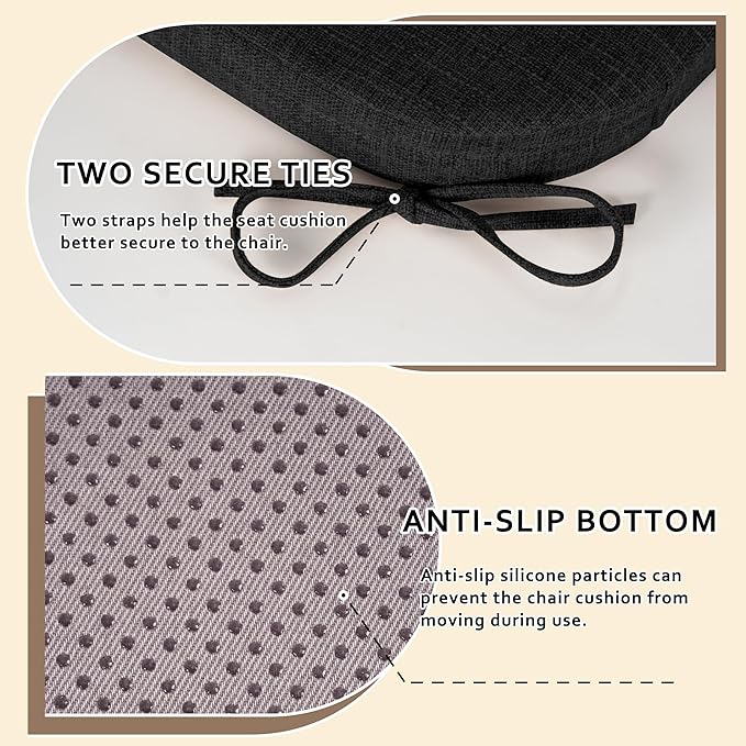 ELFJOY Chair Cushions for Dining Chairs Kitchen Chair Cushions U Shape Non Slip Chair Pads Set of 4 Seat Cushions with Ties Indoor 16.7" x 16" Black