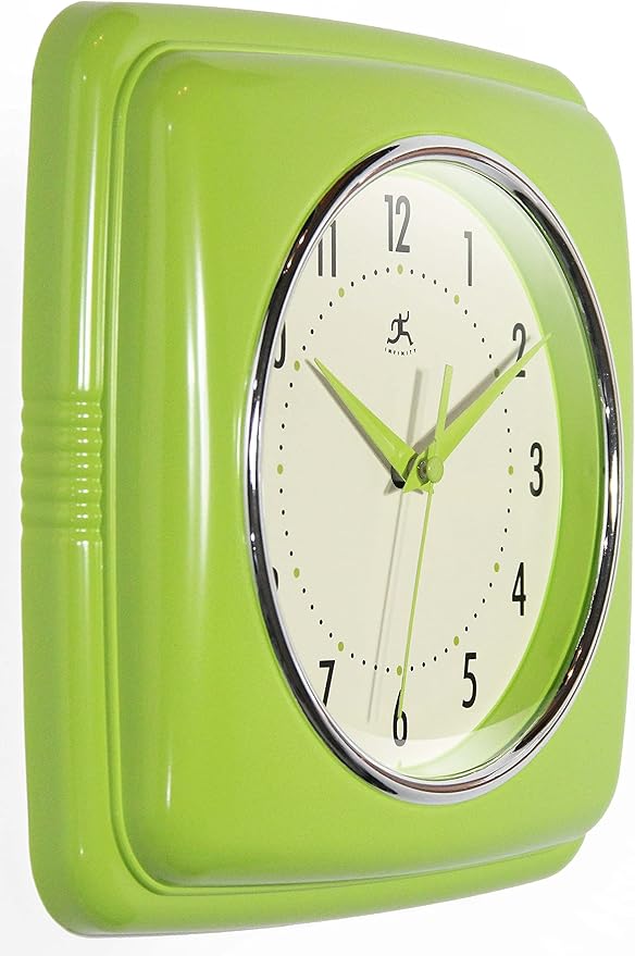 Infinity Instruments Retro Wall Clock – 9-Inch Square Silent Non-Ticking Mid-Century Modern Clock – Vintage Decorative Wall Clock for Kitchen, Office, or Diner – Apple Green