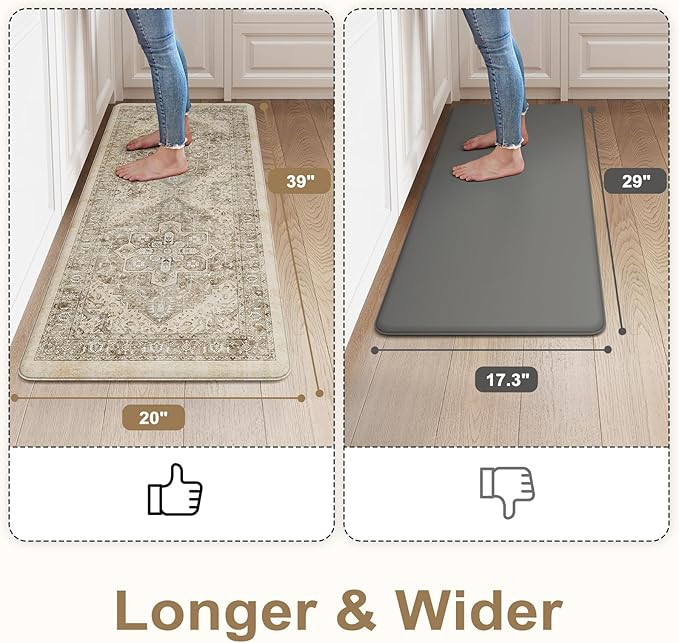 KIMODE Anti Fatigue Kitchen Mat 20"x39", Padded Kitchen Floor Mats Non Slip, Waterproof Cushioned Floral Kitchen Runner, Farmhouse Comfort Standing Mat for Laundry, Office, Sink, Desk Khaki