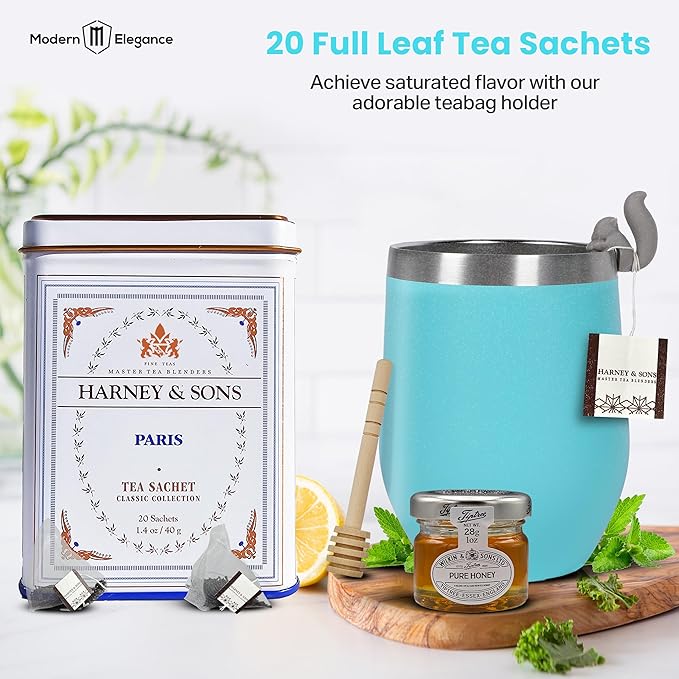 Tea Gift Set for Women – Thoughtful Get Well Gift Box with Cozy Socks, Stainless Tumbler, 20 Teaa Sachets, Honey Jar & Sending Hugs Card (Paris Tea - Cloud Socks)