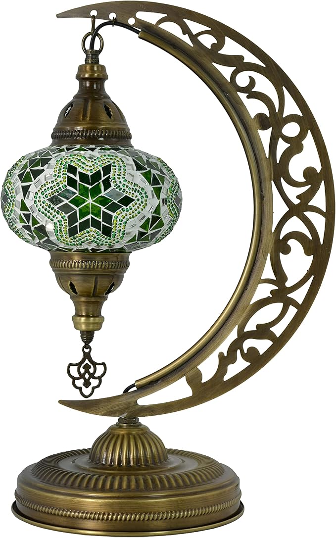 mozaist Turkish Mosaic Moon Shape Table Lamp, Moroccan Crescent Vintage Handmade Desk Light, Country Living Room, Kitchen Island Decorative Lighting, Authentic Bohemian Bedside Dim Nightstand (Green)
