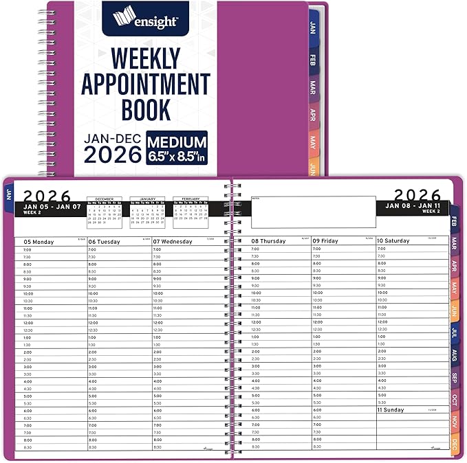 Ensight 2026 Appointment Book & Planner Ensight 6.5 x 8.5 inches Large Tabbed Daily Hourly Weekly Planner Schedule Book 30 Minute time Slots Business & Personal Planner Jan 2026 Dec 2026 Magenta