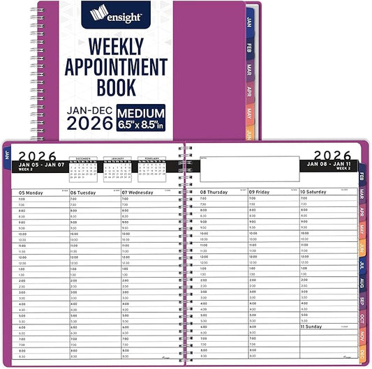 Ensight 2026 Appointment Book & Planner Ensight 6.5 x 8.5 inches Large Tabbed Daily Hourly Weekly Planner Schedule Book 30 Minute time Slots Business & Personal Planner Jan 2026 Dec 2026 Magenta