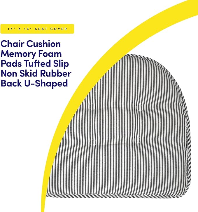 Sweet Home Collection Chair Cushion Memory Foam Pads Tufted Slip Non Skid Rubber Back U-Shaped 17" x 16" Seat Cover, 2 Count (Pack of 1), Pinstripe Charcoal