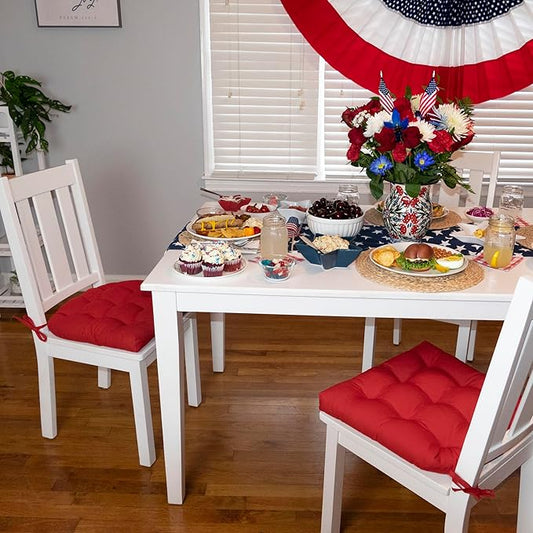 Barnett Home Decor Cotton Duck Red Dining Chair Pad with Ties - Medium Size 18 Chair Cushion - Latex Foam Fill - Machine Washable, Reversible, 100% Cotton, Made in USA (Fire Engine, Flame)