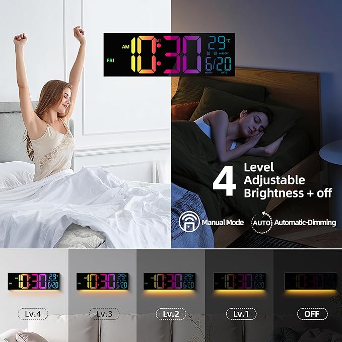 Maxstar 16.2'' Large Digital Wall Clock with Bluetooth Auto Sync, Remote Control, Alarm, LED Display, RGB Colors, Auto DST & Temperature for Classroom, Bedroom, Office, Garage-Black