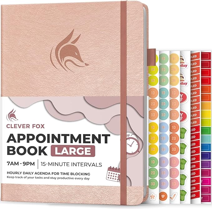 Clever Fox Appointment Book – Hourly Schedule Planner with 15-Minute Increments – Time Box Planner for Daily Work & To-Dos – Weekly & Monthly Spreads, Undated, Hardcover, 8.3x11″ (Rose Gold)