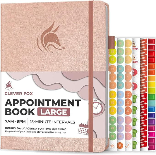 Clever Fox Appointment Book – Hourly Schedule Planner with 15-Minute Increments – Time Box Planner for Daily Work & To-Dos – Weekly & Monthly Spreads, Undated, Hardcover, 8.3x11″ (Rose Gold)