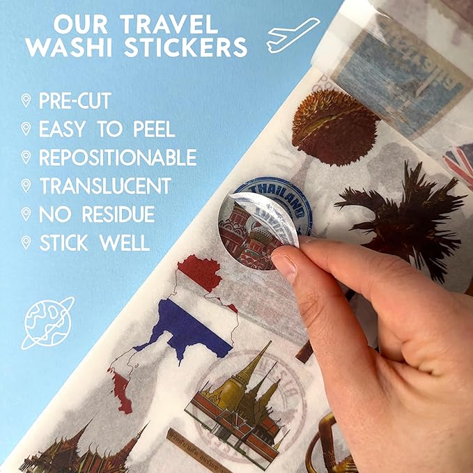 300+ Travel Stickers & 20 A5 Papers - Pre-Cut Washi Stickers for Journaling & Vintage Travel Scrapbooking