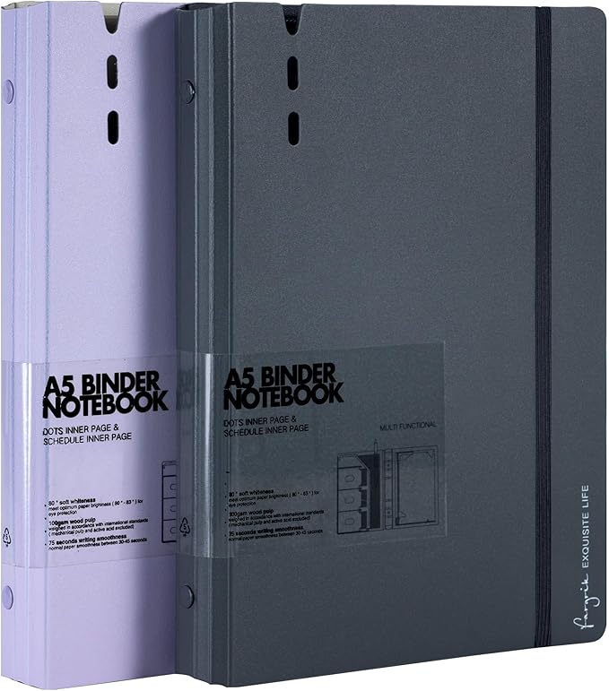 CAGIE A5 Binder 6 Ring Notebook with Dividers Refillable Planner Binder with Pockets, Refill Paper Include Planning Square Ruled and Dotted Pages, 6.89 x 9.25 in, (Grey and Purple, A5 Daily&Dot Page)