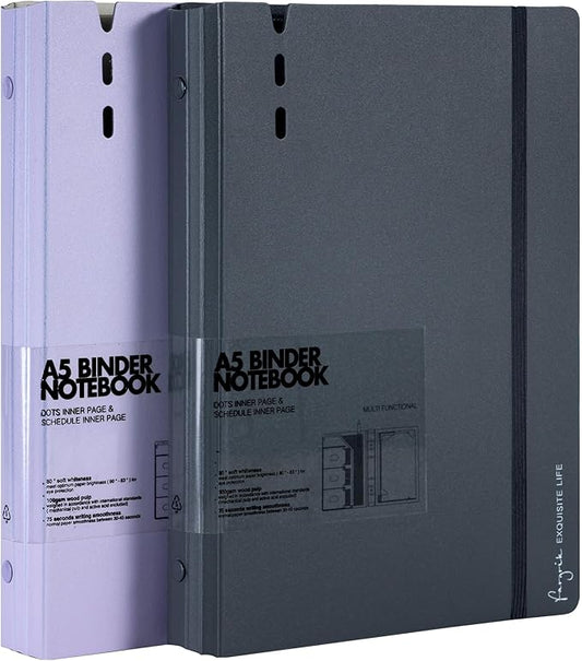 CAGIE A5 Binder 6 Ring Notebook with Dividers Refillable Planner Binder with Pockets, Refill Paper Include Planning Square Ruled and Dotted Pages, 6.89 x 9.25 in, (Grey and Purple, A5 Daily&Dot Page)