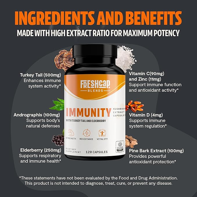 FreshCap 7-in-1 Immune Support Supplement - 5000mg Turkey Tail Mushroom Capsules, Immune Boosters for Adults, Immunity Boost Supplement, Elderberry Vitamin C and Zinc, Ayurveda (120 Capsules)