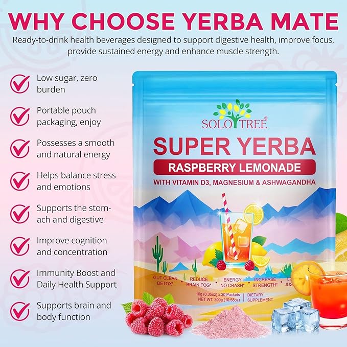 Super Yerba Mate, Yerba Mate Instant Tea Powder ，Low Sugar Content， Clean Energy & Focus Boost，Digestive Support with Antioxidants， Raspberry Lemonade Flavor (60 packs)