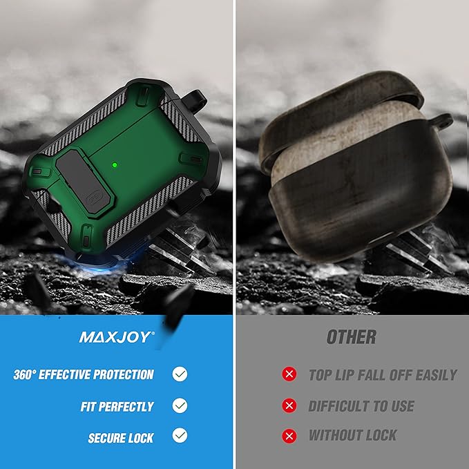 Maxjoy for AirPods Pro Case Cover with Lock, AirPods Pro 1st Generation Case for Men Military Rugged Protective Cover with Keychain Compatible with Apple AirPod Pros 2019 Front LED Visible, Green