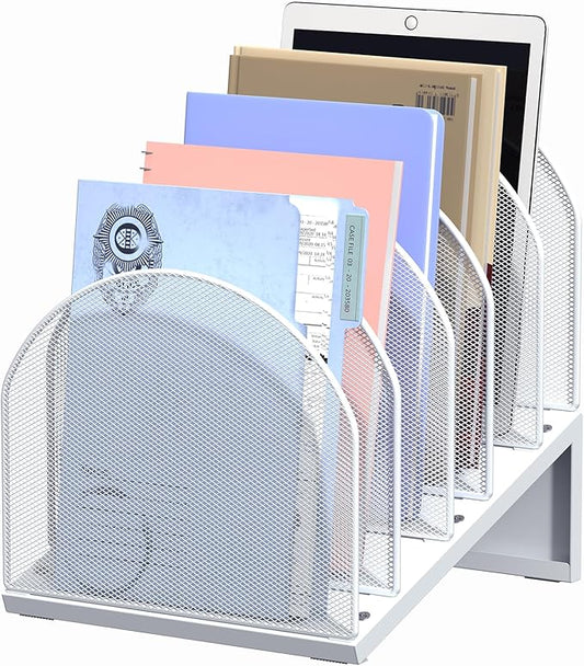 5-Section Desk File Organizer, Metal Mesh Folder Organizer for Documents, Mail & Office Papers (White)