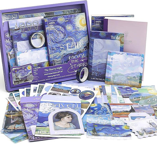 Scrapbook Supplies Kit, Vintage Oil Painting Journaling Supplies for Junk Journal, Aesthetic Scrapbook Kit with Scrapbook Paper Stickers Tapes, Art Craft DIY Gifts for Adult Teen Girls, Starry Night