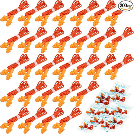 Tondiamo 200 Pairs Ear Plugs Reusable Silicone Earplugs with Cord Sleeping Individually Wrapped Hearing Protection Noise Cancelling Earplugs for Work Construction Shooting Sports (Orange)