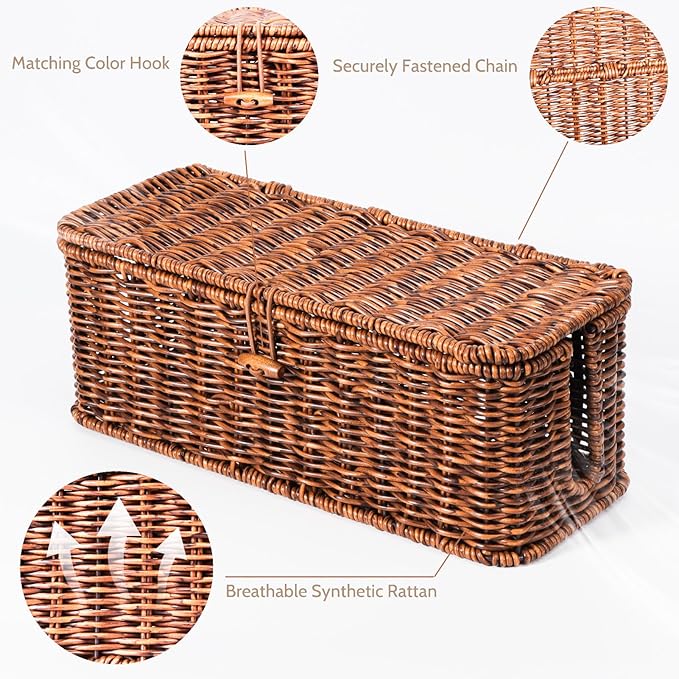 BROWNLILY Rattan Wire Storage Box, Handmade Cord Organizer for Desk Cord Hider Outlet Covers Baby Proofing for Power Strip TV PC Router Charger Under Desk Cable Management Box