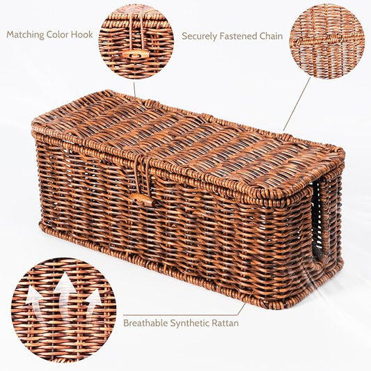 BROWNLILY Rattan Wire Storage Box, Handmade Cord Organizer for Desk Cord Hider Outlet Covers Baby Proofing for Power Strip TV PC Router Charger Under Desk Cable Management Box