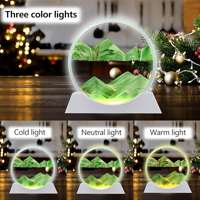 Aoderun 7" Moving Sand Art Liquid Motion with Light 3 Color Changing Moving Sand Art Picture Round Glass 3D Deep Sea Sand Art Sandscapes for Adult Relaxing Toys Desktop Home Office(Green)