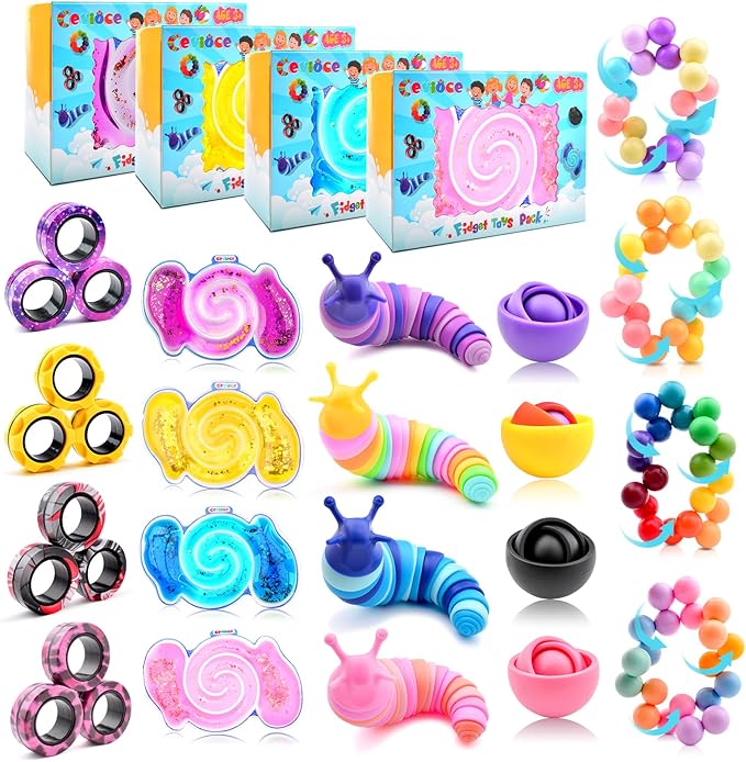 Cevioce 20Pcs Fidget Toys Adults Pack,Stocking Stuffers for Teens Boys Girls,Autism Sensory Toys with Fidget Spinner Slug Magnetic Rings,Squishy Fidget Toys ADHD Stress Relief,Party Favor for Kid-BPYP