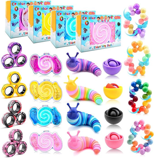 Cevioce 20Pcs Fidget Toys Adults Pack,Stocking Stuffers for Teens Boys Girls,Autism Sensory Toys with Fidget Spinner Slug Magnetic Rings,Squishy Fidget Toys ADHD Stress Relief,Party Favor for Kid-BPYP