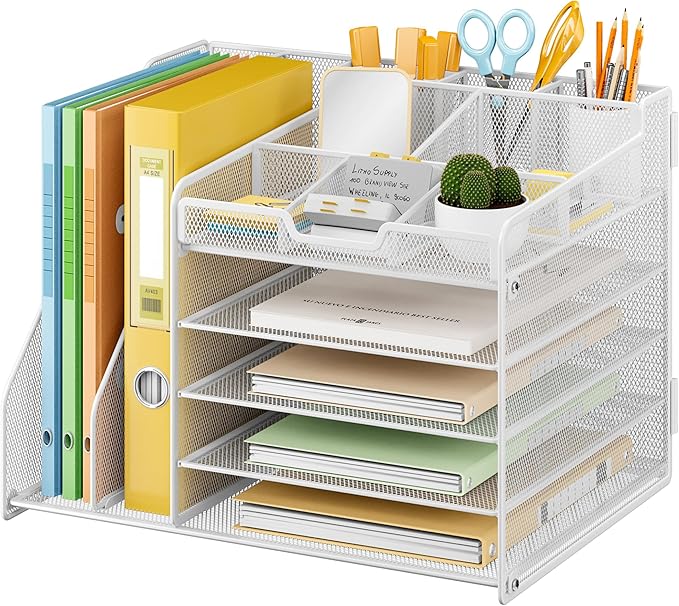 Lavatino 5-Tier Desk Organizer with 2 File Holders, Metal Adjustable Paper Letter Tray for Office or Home Desk Organizers and Accessories | 7 Flexible Dividers Keep Workspace Supplies Neat, White